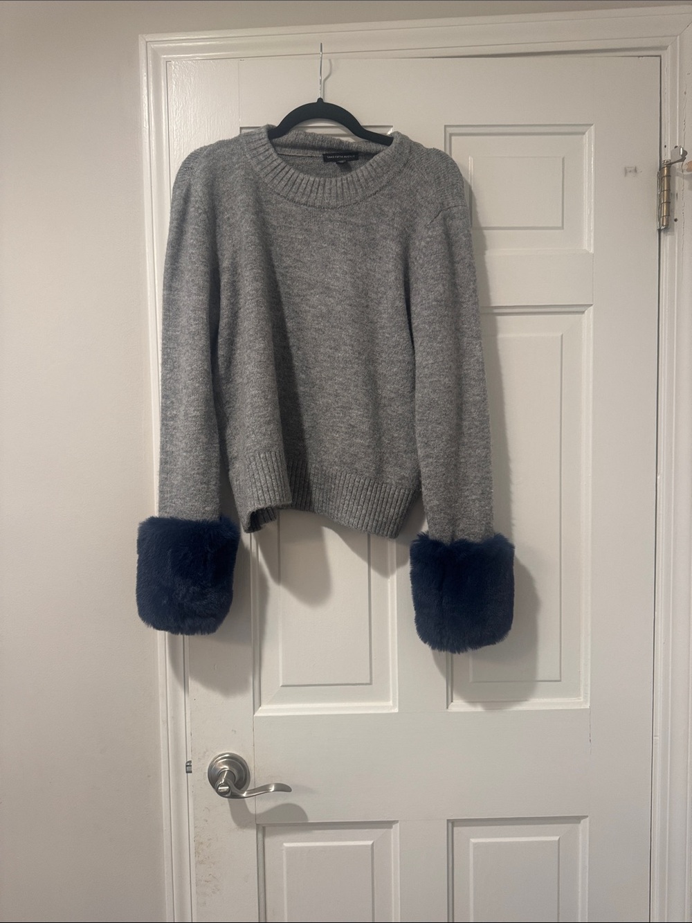 Saks Fifth Avenue Gray Crewneck Sweater with Navy Faux Fur Cuffs